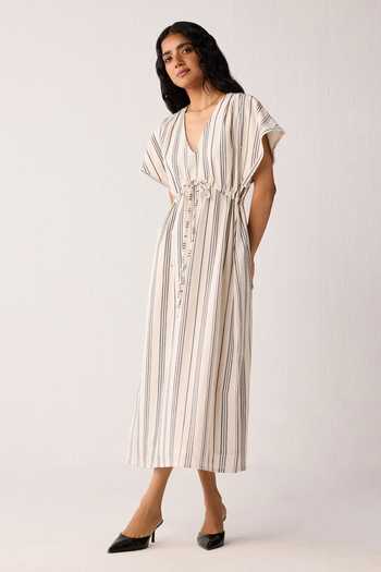 Buy_Reistor_Off White Cotton V-neck Maxi Gathered Dress 