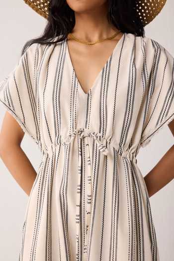 Shop_Reistor_Off White Cotton V-neck Maxi Gathered Dress 