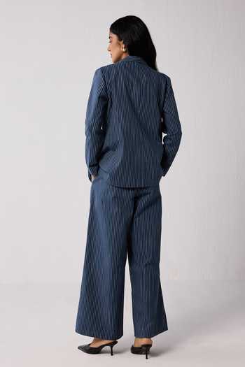 Reistor_Blue Cotton, Spandex Notched Neck The Weekday Stripe Pattern Blazer _Online_at_Aza_Fashions