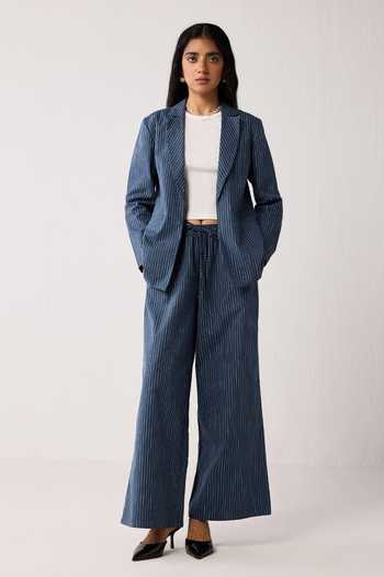 Buy_Reistor_Blue Cotton, Spandex Notched Neck The Weekday Stripe Pattern Blazer _Online_at_Aza_Fashions