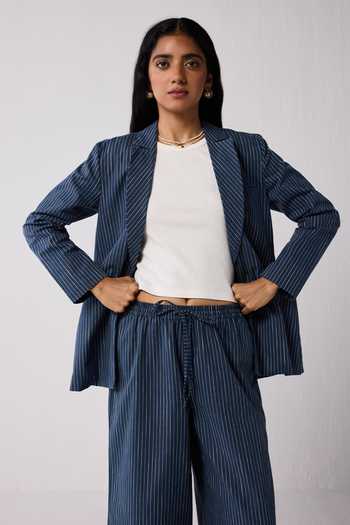 Shop_Reistor_Blue Cotton, Spandex Notched Neck The Weekday Stripe Pattern Blazer _Online_at_Aza_Fashions