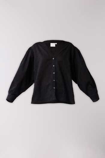 Reistor_Black Cotton V-neck Embroidered Shirt _Online_at_Aza_Fashions
