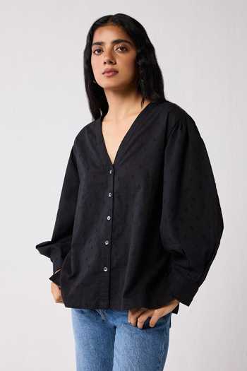 Buy_Reistor_Black Cotton V-neck Embroidered Shirt _Online_at_Aza_Fashions