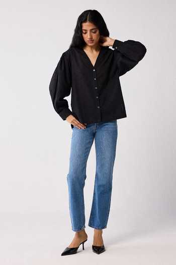 Shop_Reistor_Black Cotton V-neck Embroidered Shirt _Online_at_Aza_Fashions