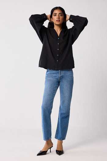 Reistor_Black Cotton V-neck Embroidered Shirt _at_Aza_Fashions