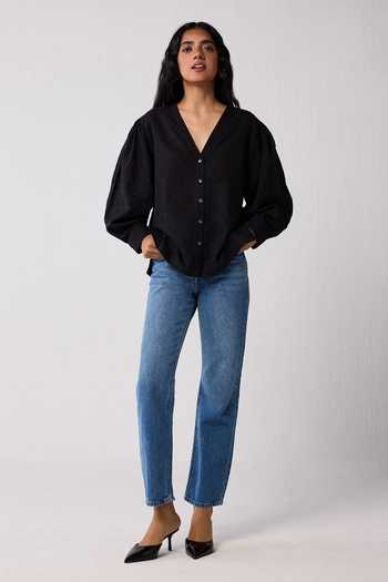 Buy_Reistor_Black Cotton V-neck Embroidered Shirt 