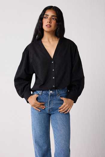 Shop_Reistor_Black Cotton V-neck Embroidered Shirt 