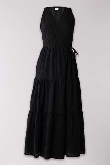 Buy_Reistor_Black Cotton V-neck Sleeveless Embroidered Wrap Dress _Online_at_Aza_Fashions