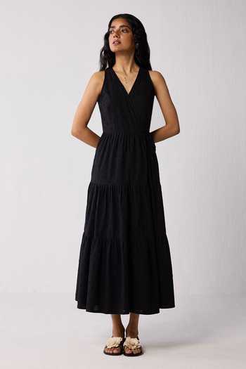 Reistor_Black Cotton V-neck Sleeveless Embroidered Wrap Dress _Online_at_Aza_Fashions