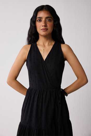 Shop_Reistor_Black Cotton V-neck Sleeveless Embroidered Wrap Dress _Online_at_Aza_Fashions