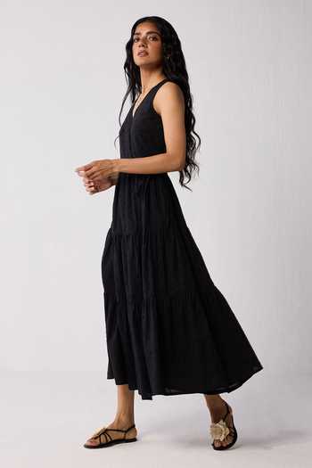 Reistor_Black Cotton V-neck Sleeveless Embroidered Wrap Dress _at_Aza_Fashions