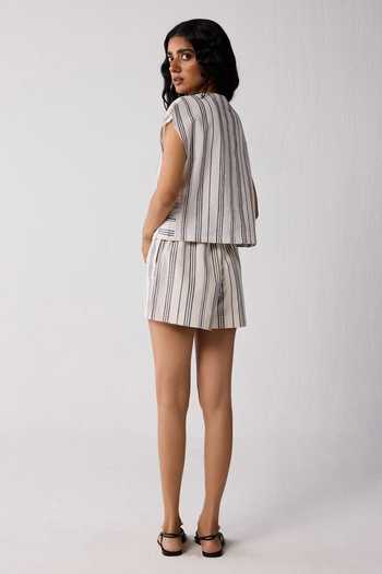 Reistor_Black Cotton V-neck Stripe Print Top And Shorts Set _Online_at_Aza_Fashions