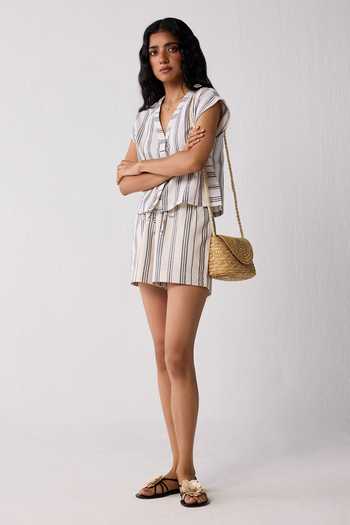 Reistor_Black Cotton V-neck Stripe Print Top And Shorts Set _at_Aza_Fashions