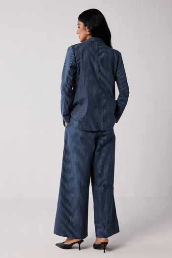 Reistor_Blue Cotton, Spandex Weekday Plain Blazer And Pant Set _Online_at_Aza_Fashions