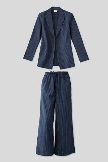 Shop_Reistor_Blue Cotton, Spandex Weekday Plain Blazer And Pant Set _Online_at_Aza_Fashions