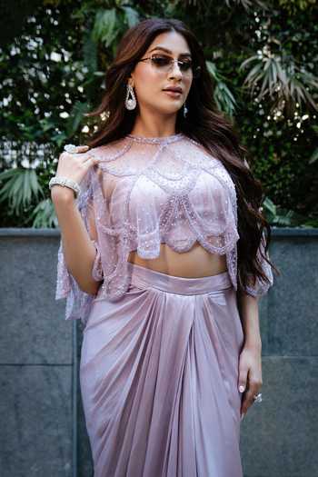 Richa Jaisinghani Label_Purple Georgette, Satin, Net Embellished Cape And Skirt Set _Online_at_Aza_Fashions