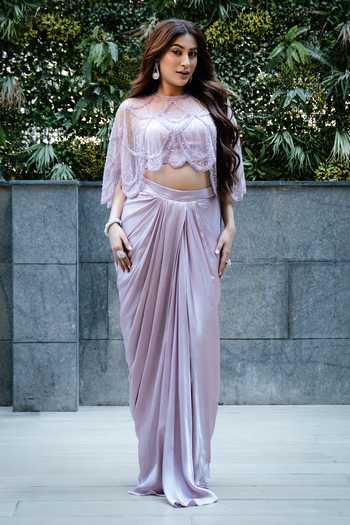 Shop_Richa Jaisinghani Label_Purple Georgette, Satin, Net Embellished Cape And Skirt Set _Online_at_Aza_Fashions