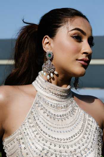 Richa Jaisinghani Label_Gold Satin, Net, Twill Halter Neck, High Beaded Embellished Blouse And Skirt Set _Online_at_Aza_Fashions