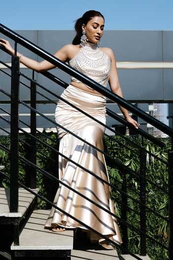 Buy_Richa Jaisinghani Label_Gold Satin, Net, Twill Halter Neck, High Beaded Embellished Blouse And Skirt Set _Online_at_Aza_Fashions