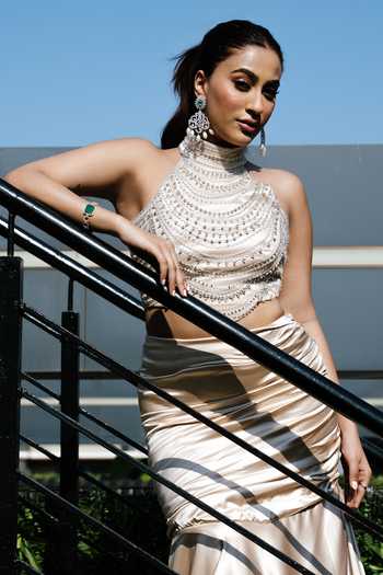 Richa Jaisinghani Label_Gold Satin, Net, Twill Halter Neck, High Beaded Embellished Blouse And Skirt Set _at_Aza_Fashions