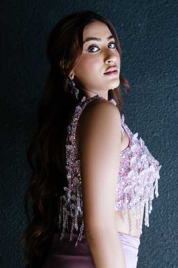 Richa Jaisinghani Label_Pink Crepe, Net Square Neck Beaded Fringe Blouse And Skirt Set _Online_at_Aza_Fashions