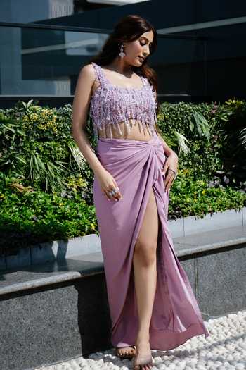 Shop_Richa Jaisinghani Label_Pink Crepe, Net Square Neck Beaded Fringe Blouse And Skirt Set _Online_at_Aza_Fashions