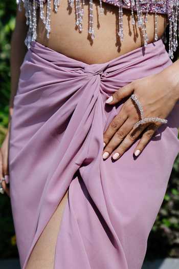 Buy_Richa Jaisinghani Label_Pink Crepe, Net Square Neck Beaded Fringe Blouse And Skirt Set 