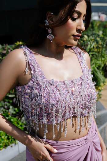 Shop_Richa Jaisinghani Label_Pink Crepe, Net Square Neck Beaded Fringe Blouse And Skirt Set 