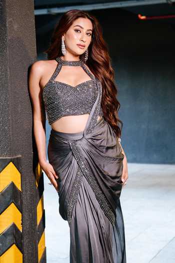 Richa Jaisinghani Label_Grey Georgette, Satin, Net Melange Embellished Blouse And Pre-draped Saree Set _Online_at_Aza_Fashions