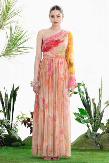 Shop Siddhartha Bansal Pink Chiffon One Shoulder Beauty Belle Dress Online at Aza Fashions Shop_Siddhartha Bansal_Pink Chiffon One Shoulder Beauty Belle Dress _Online_at_Aza_Fashions