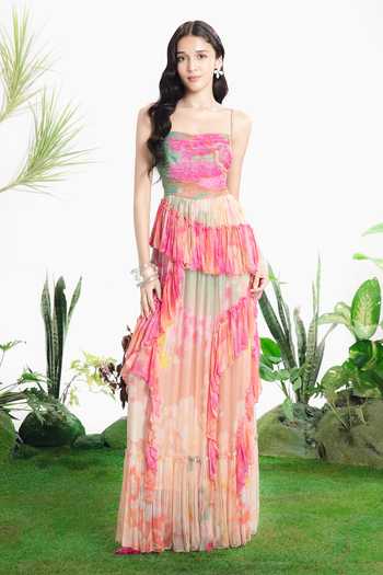 Buy_Siddhartha Bansal_Multi Color Chiffon Square Neck Oasis Print Ruffle Dress _Online_at_Aza_Fashions
