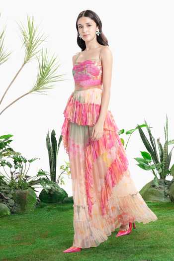Shop_Siddhartha Bansal_Multi Color Chiffon Square Neck Oasis Print Ruffle Dress _Online_at_Aza_Fashions