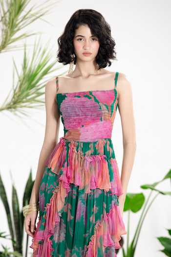 Siddhartha Bansal_Multi Color Chiffon Square Neck Rain Ruffle Dress _Online_at_Aza_Fashions