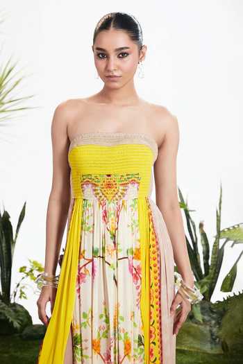 Siddhartha Bansal_Yellow Crepe Bandeau Neck Tiffany Print Maxi Dress _Online_at_Aza_Fashions