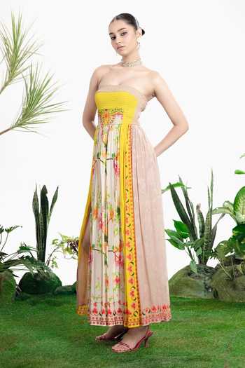 Buy_Siddhartha Bansal_Yellow Crepe Bandeau Neck Tiffany Print Maxi Dress _Online_at_Aza_Fashions
