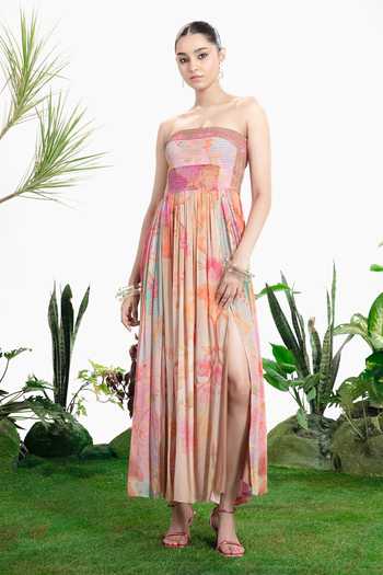 Buy_Siddhartha Bansal_Peach Crepe Bandeau Neck Cherry Pie Maxi Dress _Online_at_Aza_Fashions