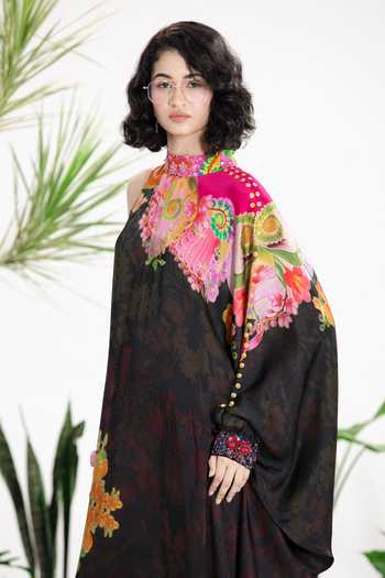 Siddhartha Bansal_Black Bemberg, Satin Collared Swan Kaftan Dress _Online_at_Aza_Fashions
