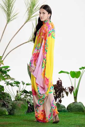 Siddhartha Bansal_Yellow Satin, Bemberg Collared, High Neck Sabrina Kaftan Dress _Online_at_Aza_Fashions