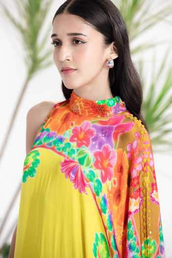 Buy_Siddhartha Bansal_Yellow Satin, Bemberg Collared, High Neck Sabrina Kaftan Dress _Online_at_Aza_Fashions