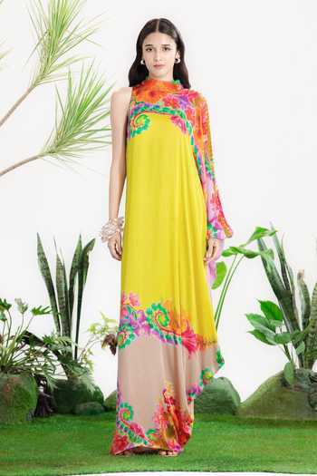 Shop_Siddhartha Bansal_Yellow Satin, Bemberg Collared, High Neck Sabrina Kaftan Dress _Online_at_Aza_Fashions