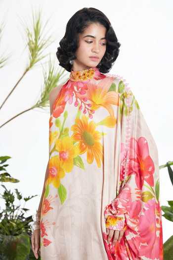 Siddhartha Bansal_Multi Color Satin, Bemberg Collared, High Neck Paradise Kaftan Dress _Online_at_Aza_Fashions