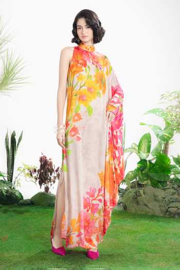 Buy_Siddhartha Bansal_Multi Color Satin, Bemberg Collared, High Neck Paradise Kaftan Dress _Online_at_Aza_Fashions