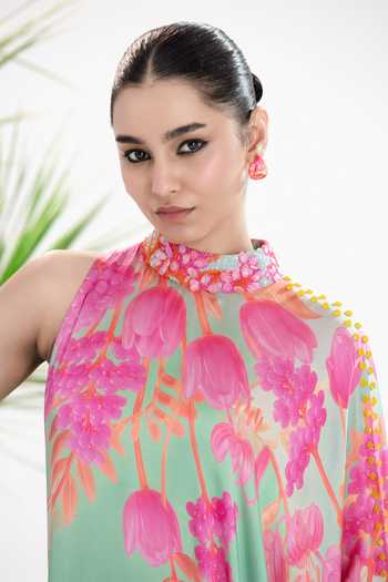 Siddhartha Bansal_Multi Color Satin, Bemberg High Neck, One Shoulder Baby Bloom Kaftan Dress _Online_at_Aza_Fashions
