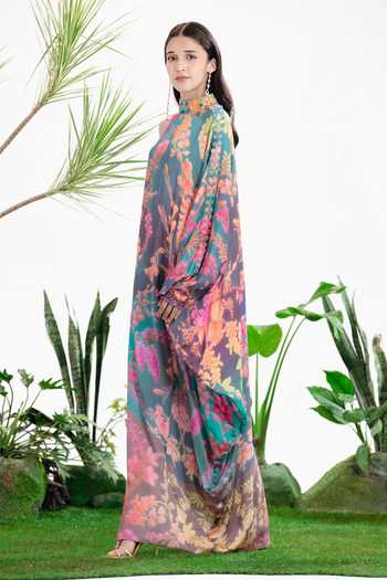 Buy_Siddhartha Bansal_Blue Satin, Bemberg Collared Midnight Dance Kaftan Dress _Online_at_Aza_Fashions