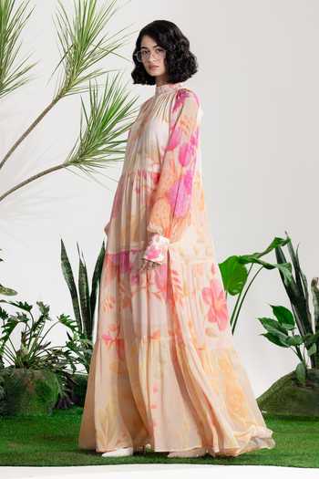 Siddhartha Bansal_Multi Color Crepe High Neck Wind Of Change Tier Dress _Online_at_Aza_Fashions