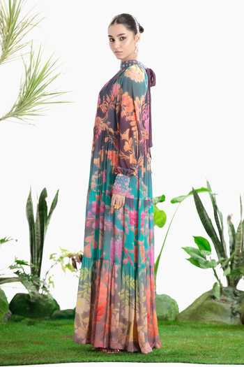 Siddhartha Bansal_Multi Color Crepe High Neck Moonlight Tier Dress _Online_at_Aza_Fashions