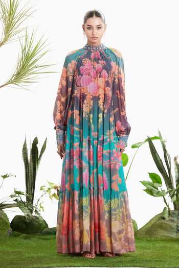 Shop_Siddhartha Bansal_Multi Color Crepe High Neck Moonlight Tier Dress _Online_at_Aza_Fashions