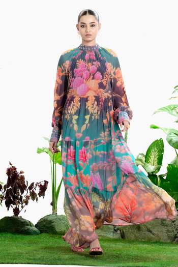Siddhartha Bansal_Multi Color Crepe High Neck Moonlight Tier Dress _at_Aza_Fashions