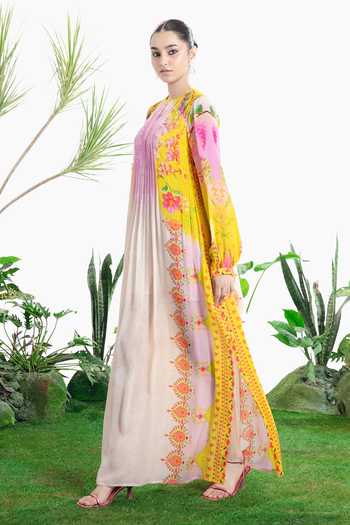 Siddhartha Bansal_Multi Color Crepe Round Neck Lovefool Kaftan Dress _Online_at_Aza_Fashions