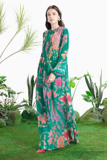 Buy_Siddhartha Bansal_Multi Color Crepe Round Neck Rio Pintuck Kaftan Dress _Online_at_Aza_Fashions